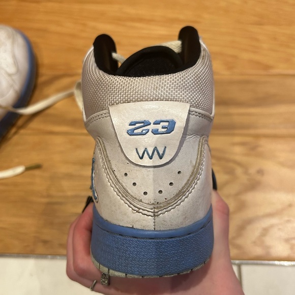 Jordans baby blue and white shoes. Size 6.5Y but would fit 7-8 women’s. - Picture 2 of 4